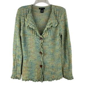 BCBGMaxAzria Ruffled Marled Knit Cardigan Green Multi Womens Size XL Boho Y2K